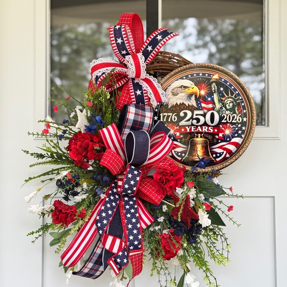 Patriotic Red, White & Blue Holiday Wreath with 250 Years Medallion